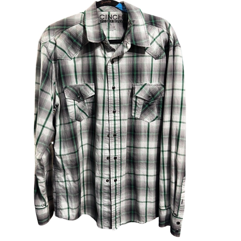 Cinch Western Shirt Mens Large Green Black Plaid Modern Fit‎ Pearl Snap Cotton